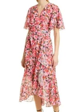 Tanya Taylor Pink Floral High-Low Wrap Dress